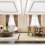 Modern luxury interior design of a living and dining room with elegant decor.