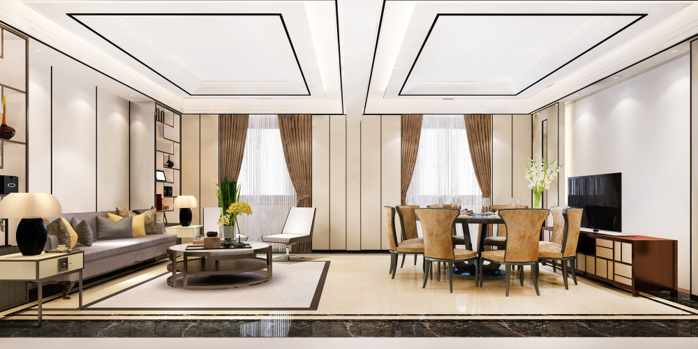 Modern luxury interior design of a living and dining room with elegant decor.