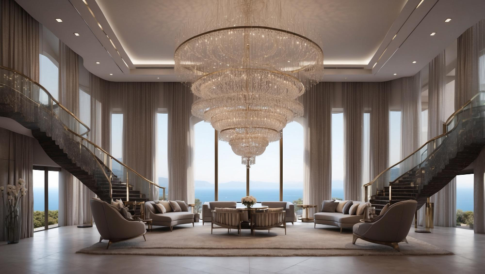 Grand living room in a luxury villa in the UAE with twin staircases, crystal chandeliers, and panoramic sea views.