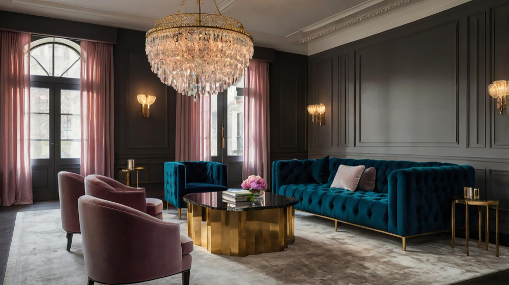Elegant modern villa lounge with velvet seating, a crystal chandelier, and dark paneled walls.