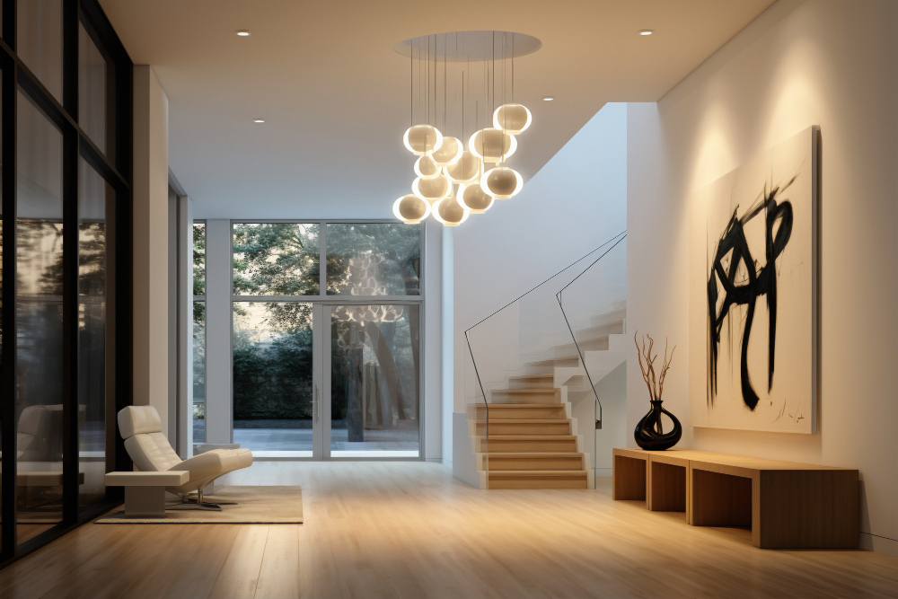Modern interior foyer with glass staircase, abstract artwork, and spherical pendant lighting.