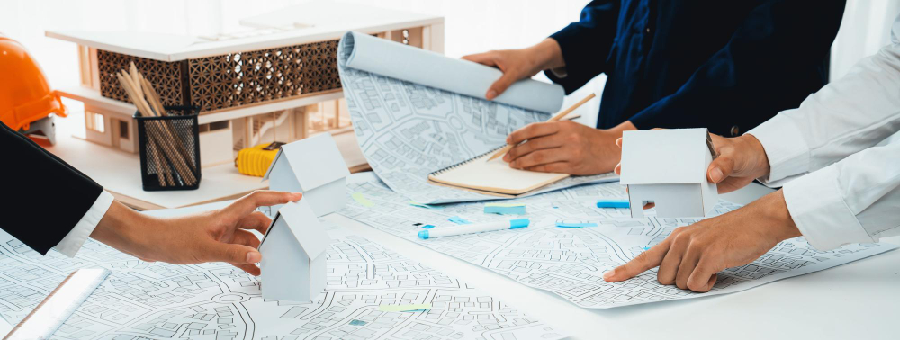 Engineers reviewing architectural plans and building models during a project consultation in Abu Dhabi