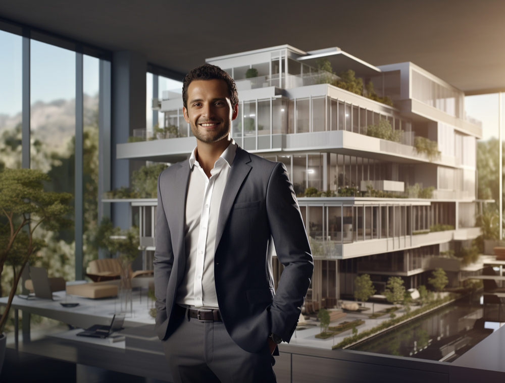 Professional villa design consultant standing confidently inside a modern architectural office with luxury villa models in the background