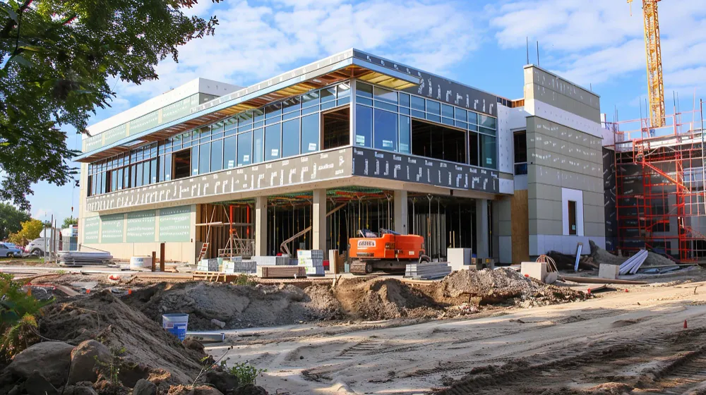 Modern villa under construction showing structural framework, facade installation, and ongoing building works in 2026
