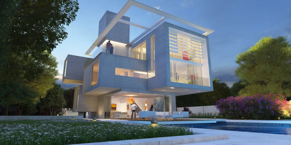 تصميم معماري حديث لمنزل عصري يجمع بين الاستدامة والمساحات المفتوحة والزجاج الواسع