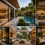 تصميم معماري حديث يدمج المساحات الداخلية والخارجية مع جلسات خارجية وحدائق وإضاءة طبيعية واسعة.